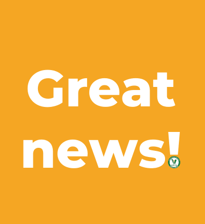 White Text Great News on orange background with library logo at bottom of exclamation point