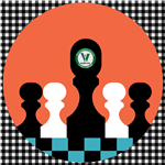 Graphic of 4 pawns and bishop chess pieces in a circle. Library logo.
