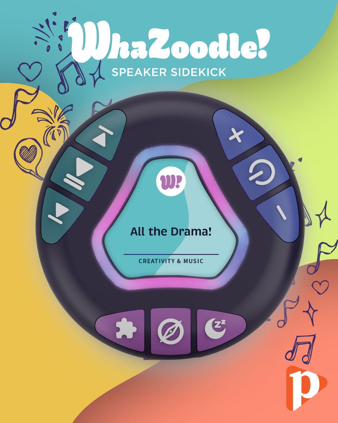 WhaZoodle Speaker Sidekick with music and other decorative symbols. Whazoodle and Playaway logos