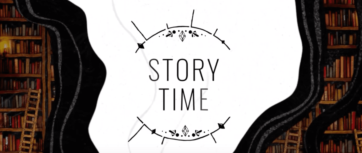 Story Time text on image of library shelves