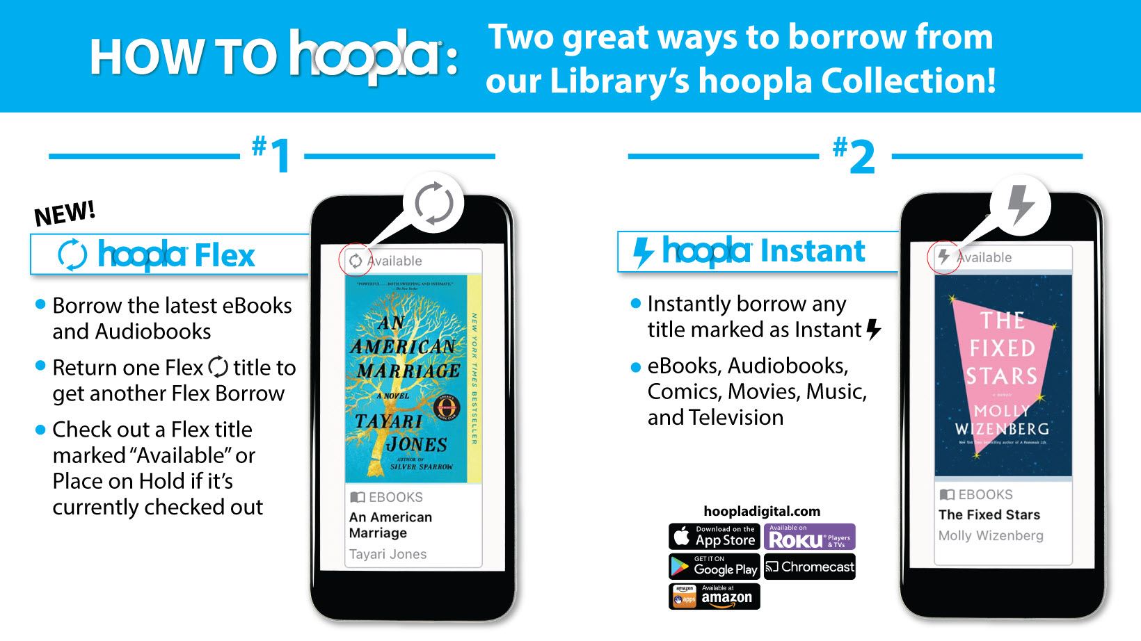 photo comparison of a flex and instant item in the hoopla app showing the icons in upper left